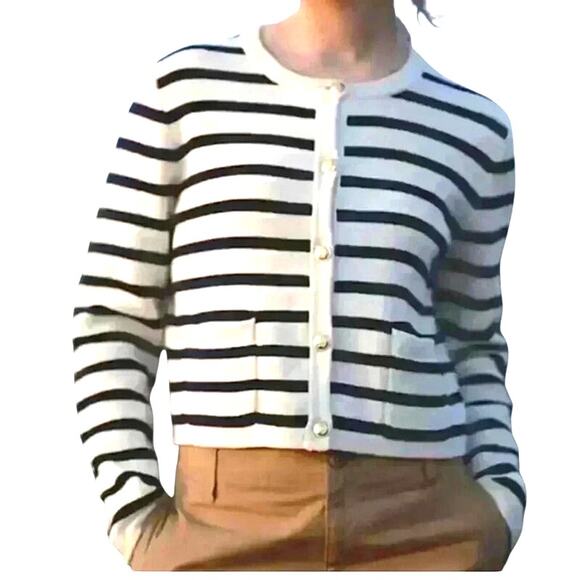 Jessica Simpson Cardigan Nautical Stripe Cropped White Blue Gold Buttons Size XL - Picture 1 of 9